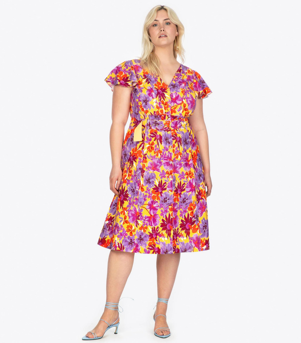 New $545 TANYA TAYLOR Linen Blend Inez Midi Dress Belted Floral A-Line Wedding